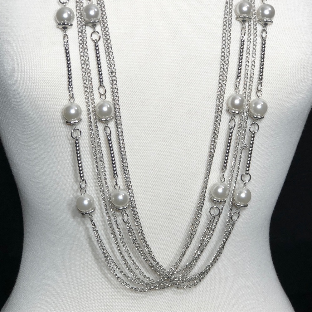 Long Layered Pearl Chain Necklace Earrings Set - Picture 2 of 2